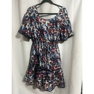 MILLY White Blue Red Floral Hibiscus Print dress